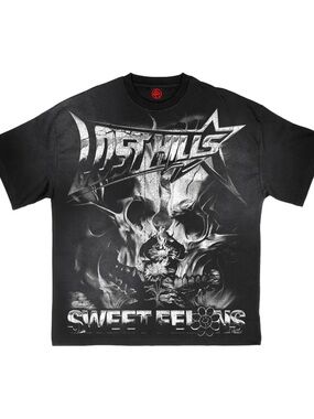 LOST HILLS X SWEET FELONS Collab T-Shirt Black Size Small Dueling Skulls